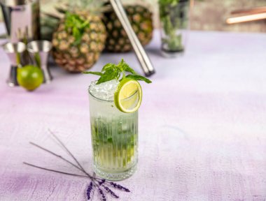 Mojito kokteyli uzun süre içilir geleneksel Küba taze tropikal içecek üst görünüm kopyalama alanı iki viski bardağı, rom, nane, limon suyu, soda ve buz beyaz beton masa üzerinde..