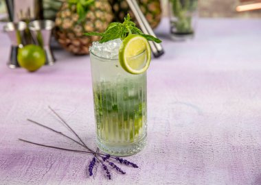 Mojito kokteyli uzun süre içilir geleneksel Küba taze tropikal içecek üst görünüm kopyalama alanı iki viski bardağı, rom, nane, limon suyu, soda ve buz beyaz beton masa üzerinde..