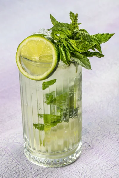Mojito kokteyli uzun süre içilir geleneksel Küba taze tropikal içecek üst görünüm kopyalama alanı iki viski bardağı, rom, nane, limon suyu, soda ve buz beyaz beton masa üzerinde..