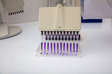 Laboratuvar / Çok kanallı pipet yükleme örneklerinde test için mikro plakaya 96 kuyuya biyolojik örnekler yükleyen çok kanallı pipet..