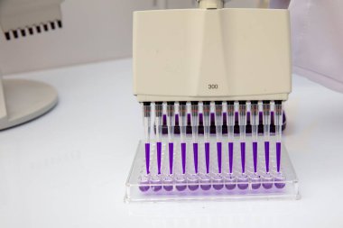 Laboratuvar / Çok kanallı pipet yükleme örneklerinde test için mikro plakaya 96 kuyuya biyolojik örnekler yükleyen çok kanallı pipet..