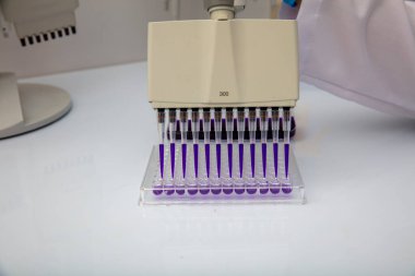 Laboratuvar / Çok kanallı pipet yükleme örneklerinde test için mikro plakaya 96 kuyuya biyolojik örnekler yükleyen çok kanallı pipet..
