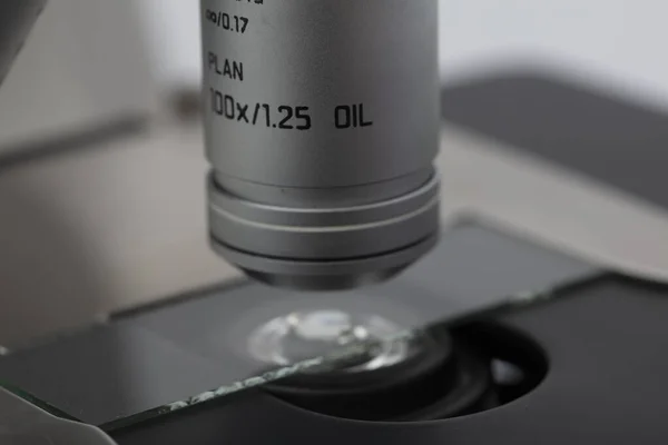 Εξέταση Του Δείγματος Στο Μικροσκόπιο Στο Εργαστήριο Οπτικό Μικροσκόπιο Χρησιμοποιείται — Φωτογραφία Αρχείου