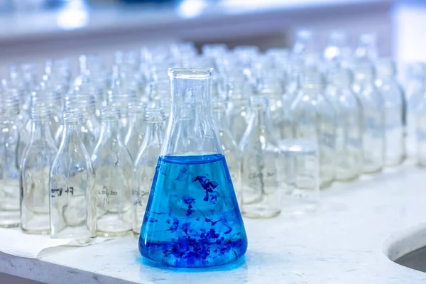 Блакитний Розчин Метилен Синій Ерлімайері Експерименти Хімічній Лабораторії — стокове фото