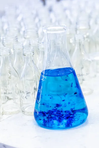 Solution Bleue Bleu Méthylène Dans Erlenmeyer Expériences Laboratoire Chimie — Photo