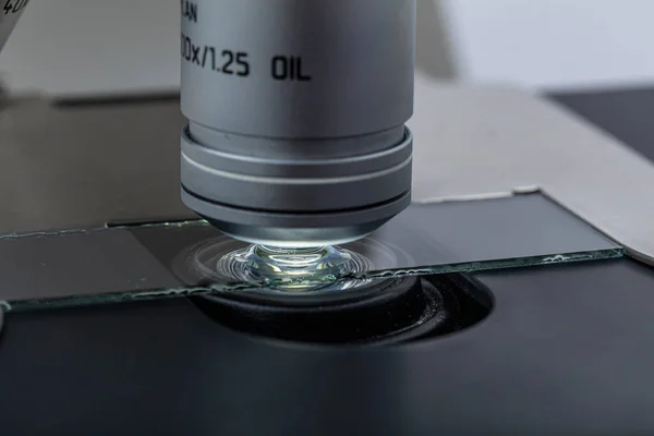 Distribution of immersion oil under light microscope objective lens. Oil immersion is a technique for high resolution light microscopy.