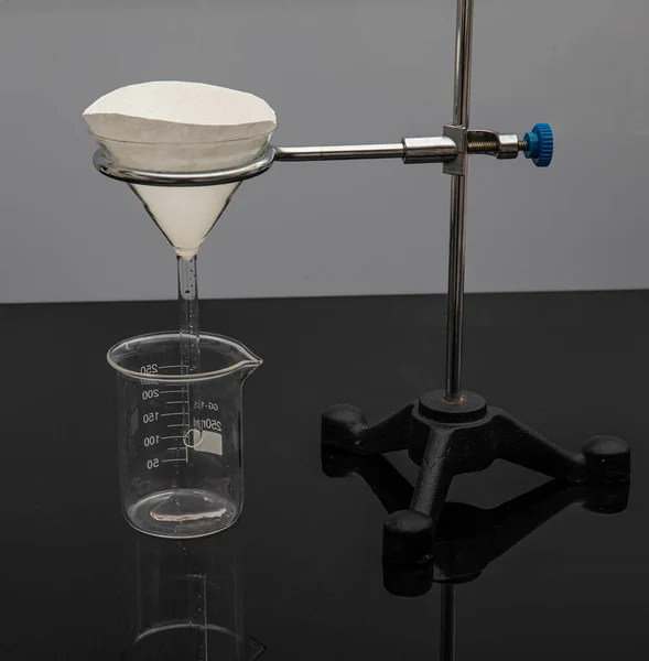 Filter paper in laboratory. Scientists are chemical filtration by filtering through filter paper in a glass funnel, Close up