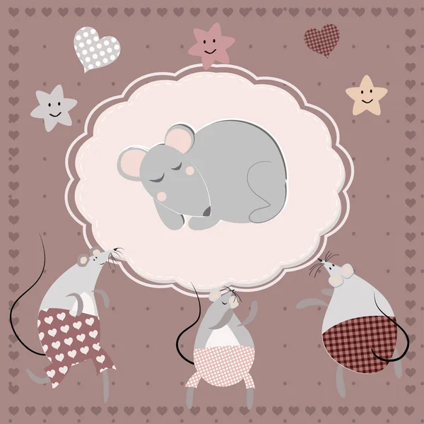 Carte Poștală Pentru Nașterea Unui Copil Șoareci Drăguți Tonuri Violet — Vector de stoc