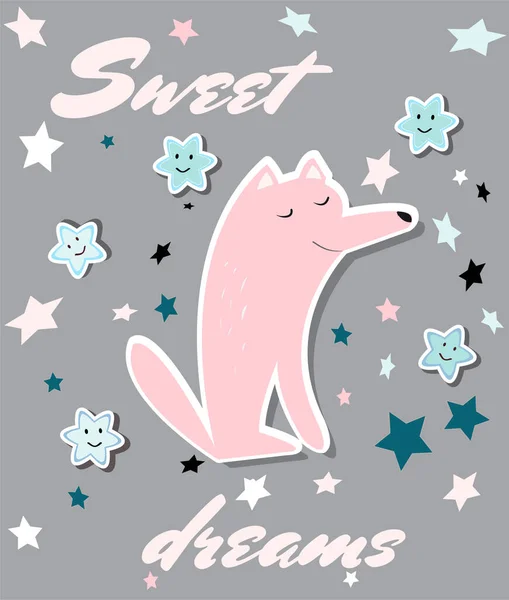 Poster Children Room Wolf Pink Mint Tones — Stock Vector