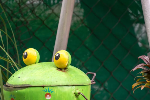 Yellow Eyes Cute Green Color Handmade Dustbin — Stock Photo, Image