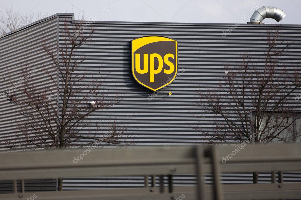 Vilnius/Lithuania March 15, 2019 UPS logo on a facade. United Parcel Service is the world's largest package delivery company and a provider of supply chain management solutions