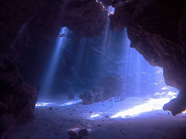 Suyun altında güneş ışığı ve ışınlar olan manzaranın sualtı fotoğrafı. Mısır 'daki Kızıl Deniz' deki bir dalıştan..