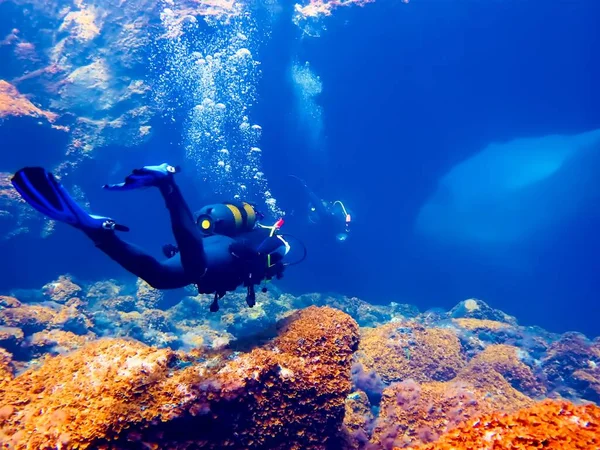 Foto Subaquática Mergulho Nas Cavernas Largo Costa Ilha Hierro Oceano — Fotografia de Stock