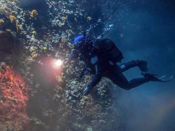 Underwater Photo Scuba Diver Torch Cave Scuba Dive Greece — Stock Photo, Image