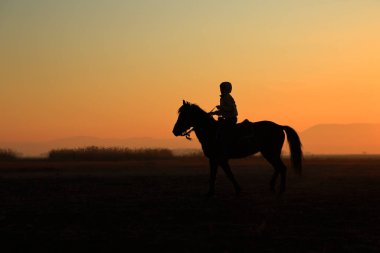 Gün batımında bir süvarinin siluet görüntüsü. Kapadokya, Türkiye