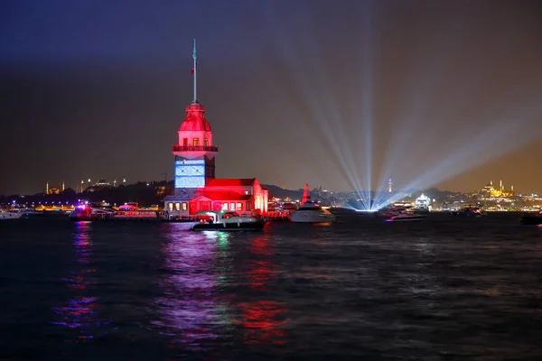 Espectacular Espectáculo Luces Bósforo Estambul Torre Doncella Celebración Del Día —  Fotos de Stock