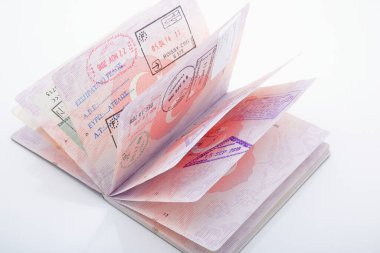 Istanbul, Turkey - February 06, 2019: On the pages, a passport view with various country entry visas. clipart