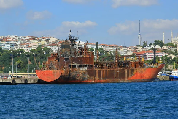 Burnt shipwreck. View of a burnt ship in the open sea in Istanbul harbor after rescue. Istanbul, Turkey