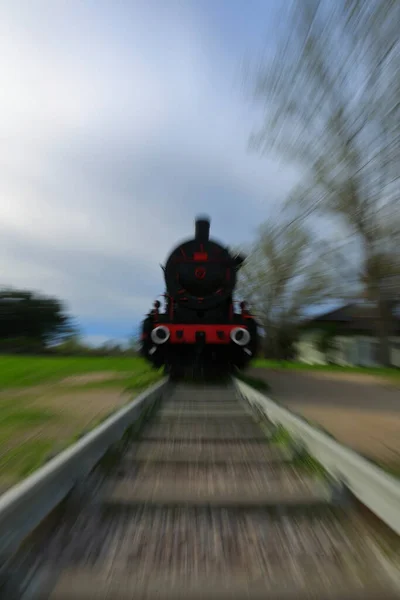 Vista Frontal Uma Locomotiva Antiga Zoom Zoom Out View — Fotografia de Stock