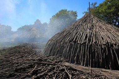 Tahtadan kömür yapmak için hazırlık. Silivri, Türkiye. Ormanda kömür üretimi için hazırlanmış bir odun yığını..