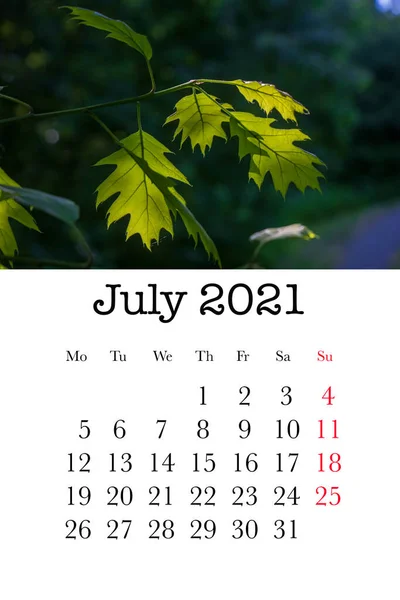 Kalenderkaart Voor Maand Juli 2021 — Stockfoto