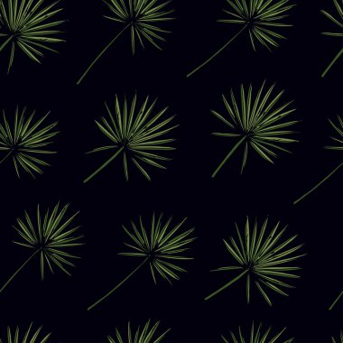 El çizimi taslak tarzı çember palmiye yaprakları koyu arka planda pürüzsüz desen. Renk illüstrasyonu.