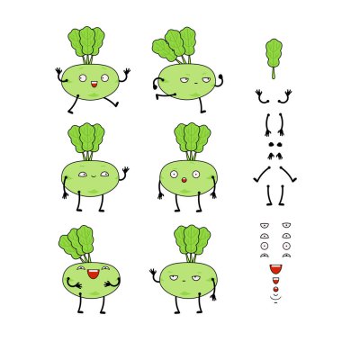 Komik kohlrabi karakter oluşturma seti çeşitli jest ve duygu ile