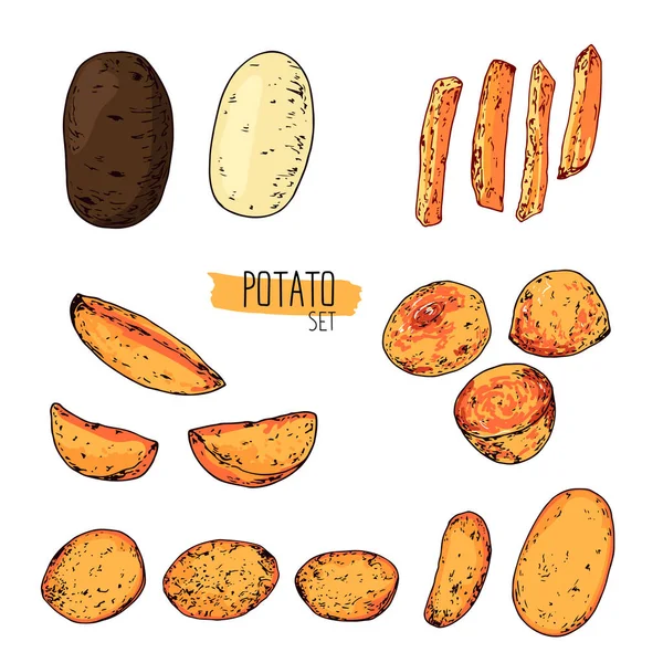 Handritad Skiss Stil Potatis Set Potatischips Bakad Potatis Potatisklyftor Pommes — Stock vektor