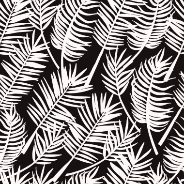 Koyu arkaplandaki palmiye yapraklarının el çizimi silueti. Tekstil, kart, baskı için vektörsüz desen.