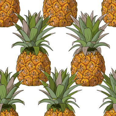 El çizimi çizimi, ananas dikişsiz desen. Renkli bir geçmiş. Tekstil, baskı ve ambalaj için vektör deseni.