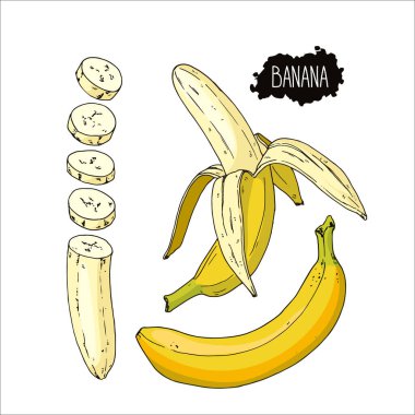 El çizimi, çizim tarzı muz seti. Soyulmuş ve kesilmiş muz. Renk illüstrasyonu. 