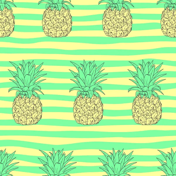 手绘素描风格的菠萝无缝图案 色彩斑斓的背景 带有黄色和绿色条纹 纺织品 印刷品 包装用矢量图案 — 图库矢量图片