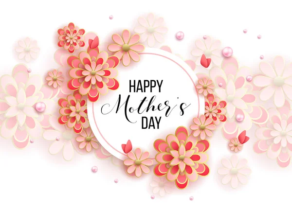 Happy Mother Day Layout Design Flowers Lettering Pearls Frame Background — стоковый вектор