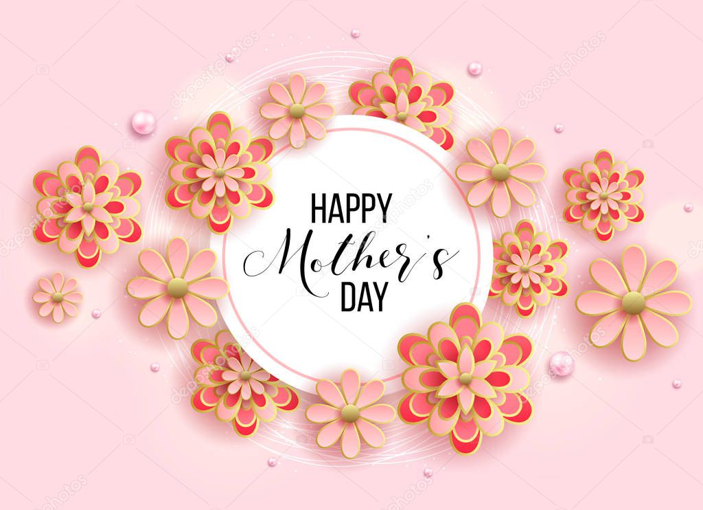 Happy mother's day layout design with flowers, lettering, pearls, frame, background. Vector illustration.  Best mom / mum ever cute feminine design for menu, flyer, card, invitation.