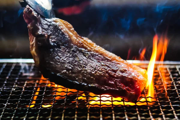 Suculento Delicioso Bife Carne Delicioso Churrasco Grelhando Fogão Carvão Cremalheira — Fotografia de Stock