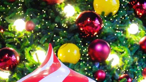 Closeup Red White Gold Bauble Hanging Decorated Spruce Christmas Tree — Stock Photo, Image