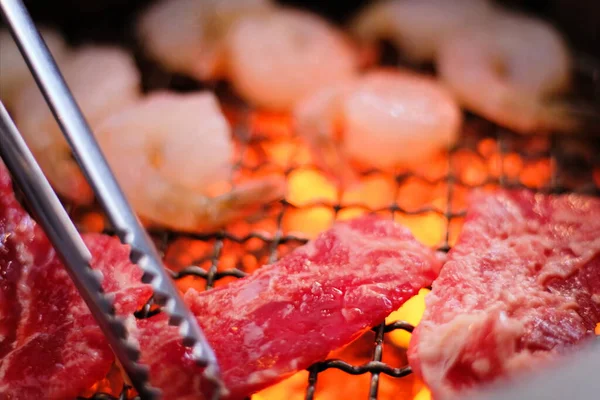 Macro Primer Plano Estilo Japonés Parrilla Rebanada Carne Res Camarones — Foto de Stock