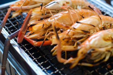 Kömür ocağında ızgara yapan taze karides grubunu kapatın. Deniz ürünleri pişirmek bbq parti açık havada kamp.