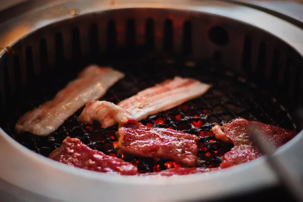 Vista Cerca Carne Res Cerdo Rodajas Barbacoa Carne Parrilla Parrilla — Foto de Stock