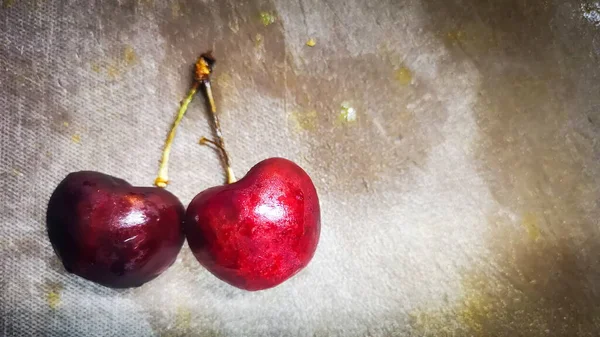 Fresh Sweet Red Cherries Grunge Texture Background Top View — Stock Photo, Image