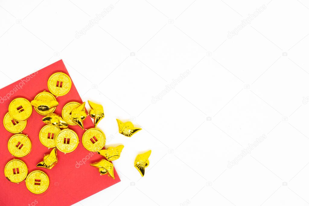 Red Envelope Red Packet and golden coins with words for lucky, good fortune, and happiness decoration on white background with copy space for text , Happy Chinese new year or lunar new year .