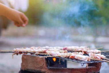  Portatif mangal ızgarasında domuz eti ve sığır eti ve dumanlı barbekü..