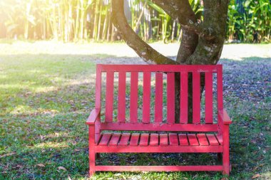 Parktaki ağacın altındaki kırmızı, uzun, ahşap sandalye güneş ışığı alıyor. Rahatlatıcı dinlenme ferahlatıcı.