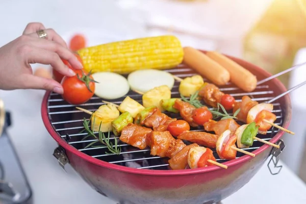 Colorful Bbq Grilling Meat Pork Sausage Tomato Onion Pineapple Chilli — Stock Photo, Image