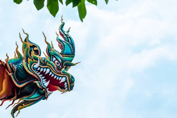 Beautiful Green Naga Serpent Statue Blue Sky Clouds Background Thailand — стокове фото