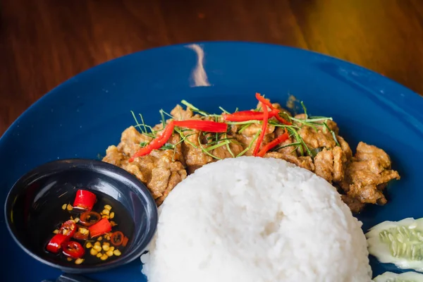 Nahaufnahme Thai Southern Style Essen Würzig Gebratenes Hackfleisch Mit Gelber — Stockfoto