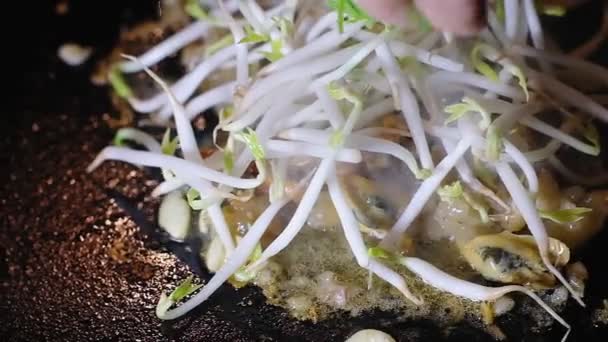 Extrême Plan Rapproché Cuisson Nourriture Style Thaïlandais Crêpe Aux Moules — Video