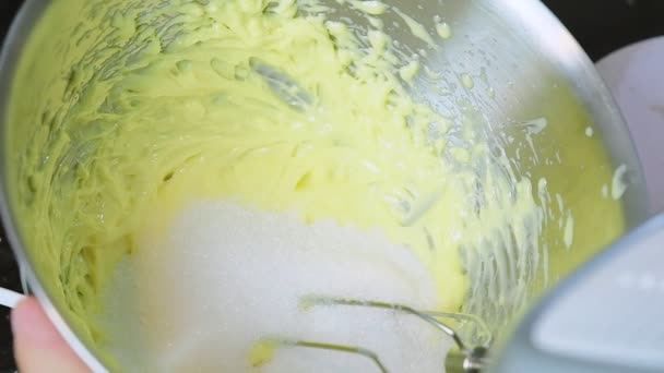 Chef Mixing Ingredients Cooking Baking Cake Flour Egg Butter Sugar — Stock Video