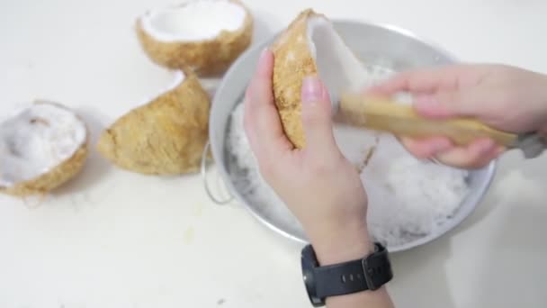 Hand Young Woman Grating Fresh Coconut Preparing Squeeze Coconut Milk — Stock Video