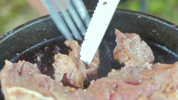 Close Shot Cooking Cutting Steak Iron Pan Smoke Campsite Camping — Vídeo de Stock